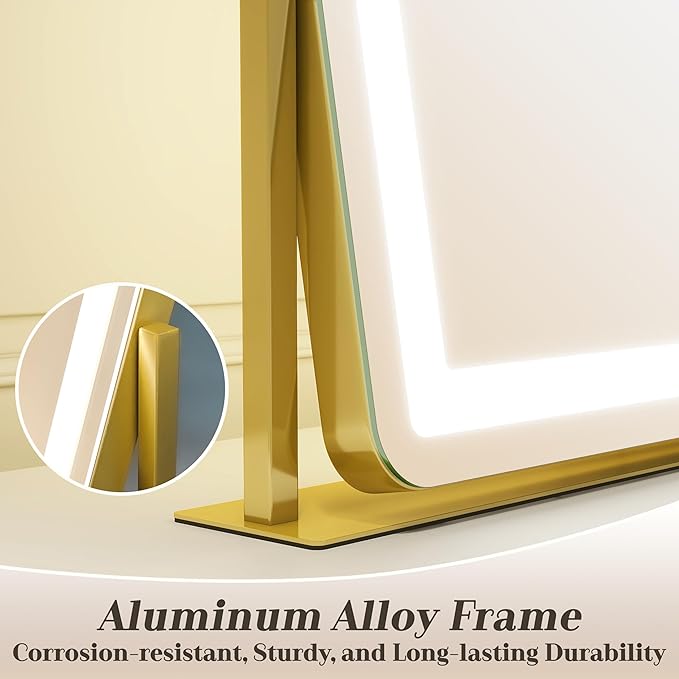 Gold Vanity Mirror with Lights - Smart Touch Dimming, 3-Color Lighting, 360° Rotatable Desktop Makeup Mirror for Desk, 22"x17"