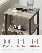 VASAGLE Side Table with Charging Station, 3-Tier End Table with USB Ports and Outlets, Nightstand for Living Room, Bedroom, 11.8 x 13.4 x 22.8 Inches, Plug-in Series, Greige and Black