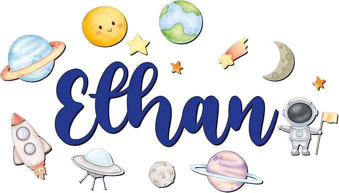 Custom Nursery Name Sign with Themed Decor Kit | Personalized Wooden Wall Art for Baby, Kids Room | Space, Jungle, Circus, Under the Sea, Woodland, Rainbow (30", Space)