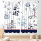 Nautical Curtains, Vintage Marine Coastal Sailboat Compass Anchor Ocean Beach Lighthouse Watercolor Blue Decorative Drapes for Bedroom Living Room Kitchen Bathroom Window 2 Panels, 63"x63" Inch