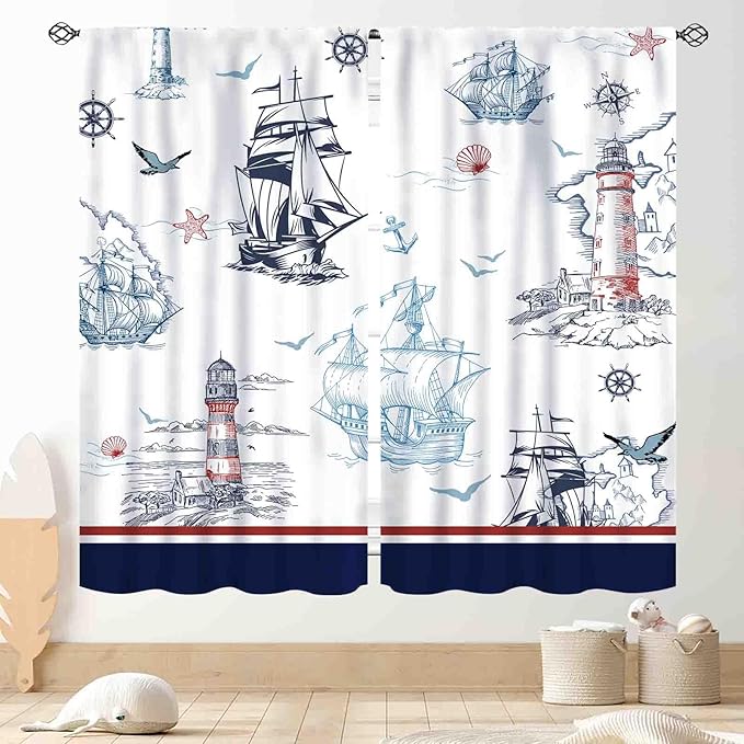 Nautical Curtains, Vintage Marine Coastal Sailboat Compass Anchor Ocean Beach Lighthouse Watercolor Blue Decorative Drapes for Bedroom Living Room Kitchen Bathroom Window 2 Panels, 63"x63" Inch
