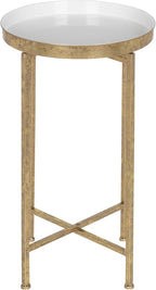 Kate and Laurel Celia Round Metal Foldable Tray Accent Table, White with Gold Base
