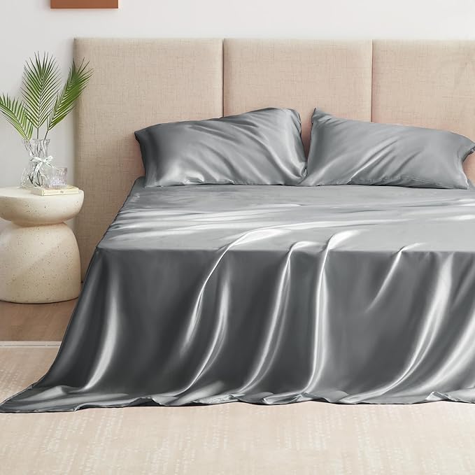 Love's cabin California King Satin Sheet Sets - 4 Piece Dark Grey Silky Sheets Bed Set with Deep Pocket, Luxury Silk Feel Satin Cal King Sheet Set (1 Flat Sheet,1 Fitted Sheet,2 Pillow Cases)