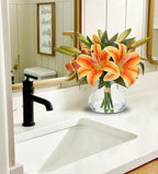 Hollyone Tiger Lily Fall Flowers Artificial for Decoration in Vase Real Touch Orange Autumn Silk Faux Flowers Arrangements with Glass Vase with Fake Water Lily Centerpiece Fall Decorations for Home