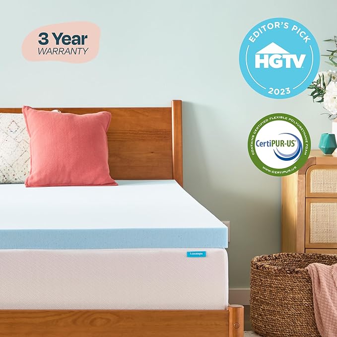 Linenspa Memory Foam Mattress Topper - 3 Inch Gel Infused Memory Foam - Plush Feel - Cooling and Pressure Relieving - CertiPUR Certified - Dorm Room Essentials - Small Twin Size