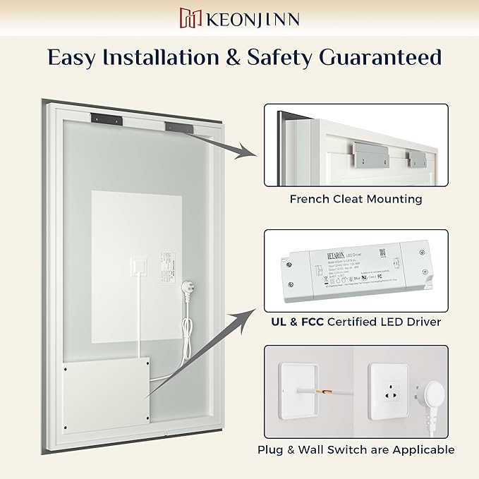 Keonjinn 48 x 36 Inch Backlit Mirror for Bathroom, Anti-Fog Led Mirror, CRI90+ HD Tempered Glass, Stepless Dimmable Lighted Mirror, High Lumen, UL Listed, Waterproof, Horizontal/Vertical