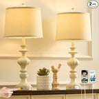27.5" Farmhouse Table Lamps Set of 2 Bedside Nightstand Lamp with USB C+A Ports & AC Outlet, 3 Way Dimmable Touch Lamps for Bedroom Living Room Office Rustic Lamp (White Gold)