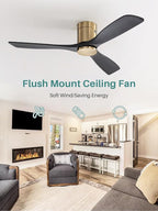 Sofucor 52 Inch Smart Ceiling Fan Without Lights Flush Mount Solid Wood Ceiling Fan with Alexa/Google Assistant/APP/Remote Control-Modern Outdoor Ceiling Fans No Light for Bedroom/Patio, Black Gold