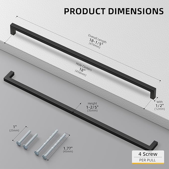 goldenwarm 150 Pack 18 Inch Black Cabinet Handles Matte Black Drawer Pulls Stainless Steel Cabinets Hardware Square Bar Modern for Kitchen Bathroom Cupboard