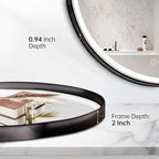 24 Inch Round Bathroom Mirror with Lights, Black Metal Framed Frontlit Circle Mirrors for Wall, Led Light Mirror with Anti-Fog, Memory Function, 3 Color Temperature, Dimmable Makeup Mirror