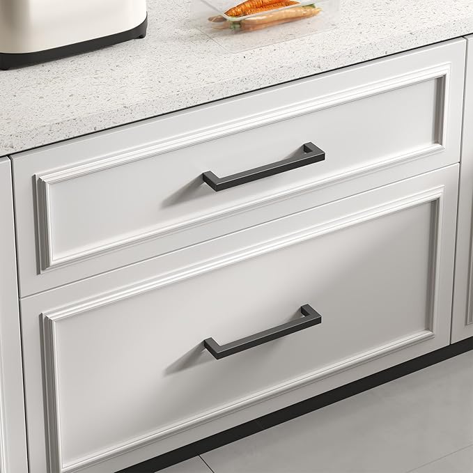 goldenwarm 100 Pack 7-1/2 Inch Black Cabinet Handles Matte Black Drawer Pulls Stainless Steel Cabinets Hardware Square Bar Modern for Kitchen Bathroom Cupboard