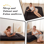 Japanese Floor Mattress, Futon Mattress with Portable Storage Bag and Washable Cover, Roll Up Thick Tatami Mat Suitable for Camping, Guest Room, Black, Queen