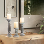 Rustic Wooden Pillar Candle Holders Set of 3, 12'' 9'' 6'' Farmhouse Wood Candle Stand for Table Centerpieces, Vintage Tall Candleholders Fireplace Mantel Decor for Living Room, Grey