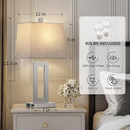 Touch Control Table Lamp Set of 2, Modern Silver Bedside Lamps with USB C+A Ports & AC Outlet, 3 Way Dimmable Bedroom Lamps for Night Stands Bedroom Living Room,Nightstand Lamp