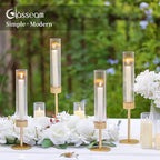 Glasseam Tapered Gold Candlestick Holders: 6 Pcs Tall Brass Taper Candle Holder with Ribbed Glass Cylinder - Hurricane Fluted Candle Holders for Table Centerpiece Wedding Party Christmas Decorations