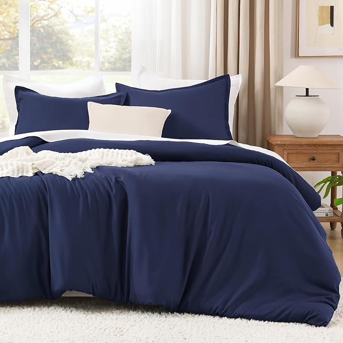Litanika Comforters Navy Blue Super King Plus Size, 3 Pieces Lightweight Solid Bedding Set & Collections, All Season Fluffy Bed Set (128x120In Comforter & 2 Pillowcases)