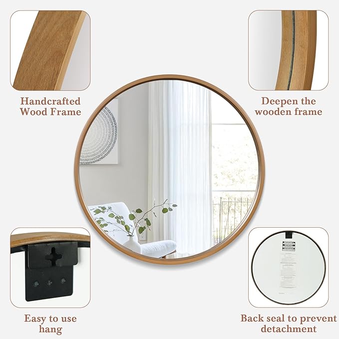 WallBeyond Round Wood Mirror, 36" Round Modern Decoration Large Circle Wall Mirror for Bathroom Living Room Bedroom Entryway, Honey
