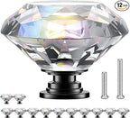 POZEAN Crystal Cabinet Knobs 12Pack, 1.57inch Dresser Knobs for Cabinet, Drawer with Two Different Sizes Screws, Diamond Glass Pulls Handles (40mm, 12Pack, Clear-Black)