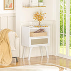 Lerliuo Rattan Nightstand, Bedside Table with Drawer Open Shelf, Cane Accent Side End Table with Solid Wood Legs, White Mid Century Night Stand for Bedroom, Dorm and Small Spaces