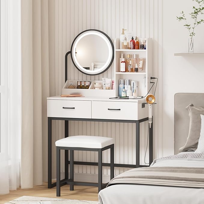Vabches Makeup Vanity with Round Mirror and Lights, White Vanity Makeup Table with Charging Station, Small Vanity Table for Bedroom, 3 Lighting Modes, 31.5in(L)