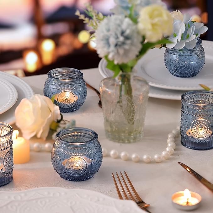 DARJEN Blue Votive Candle Holders Set of 36 - Votive Candle Holders Bulk, Glass Candle Holder for Party Decoration, Tea Lights Candle Holders for Wedding