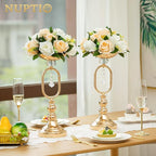 NUPTIO 6 Pieces Champagne White Fake Flower Ball Arrangement Bouquet 15 Heads Plastic Roses with Base, Suitable for Wedding Centerpiece Flower Rack for Parties Home Décor