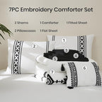 MaiRêve Embroidery Comforter Set King Size 7 Pieces, Boho Farmhouse Western Bedding All Season Bed in A Bag, White Black King Comforter Set with Sheets, Pillowcases & Shams