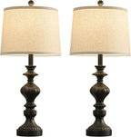 27.5" Farmhouse Table Lamps Set of 2 Bedside Nightstand Lamp with USB C+A Ports & AC Outlet, 3 Way Dimmable Touch Lamps for Bedroom Living Room Office Rustic Lamp (Rotary Switch-Black)