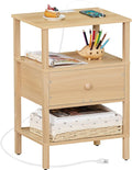 Lerliuo Nightstand with Charging Station and USB Ports, 3-Tier Storage End Table with Drawer Shelf, Night Stand for Small Spaces, Wood Bedside Table for Living Room, Bedroom - Natural Wood