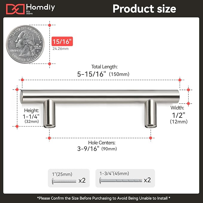 Homdiy Brushed Nickel Drawer Pulls - HD201SN Cabinet Hardware Stainless Steel Kitchen Cupboard Handles, 100 Pack 3-1/2in Hole Centers for Dresser Drawers