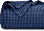 PHF 100% Cotton Waffle Weave Blanket Queen Size for Bed,Snag Proof Lightweight Breathable Throw for Couch,Great for Layering in Cold Weather,Machine Washable, Home Decor Gift-Navy Blue/Bright Blue