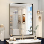 28x36 Inch Bronze Framed Bathroom Mirror, Brushed Bronze Metal Vanity Mirror, Rounded Bronze Rectangle Mirror, Tempered Glass, Anti-Rust, Shatterproof (Horizontal/Vertical)