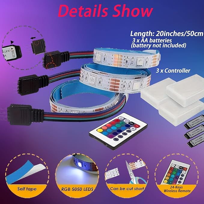 Battery Powered LED Strip Lights, Wireless RGB LED Strip Lights with 24 Keys Remote Control, 20 inch x 3 Pack for Kitchen Under Cabinet Lighting, Shelves, Under Counter, Closet, Cordless Click Light