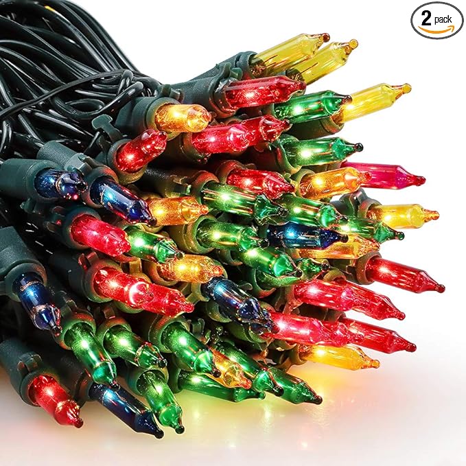 woohaha Multicolor Christmas Lights - 2 Pack 23Ft 100Count Incandescent Tree Lights with Green Wire, Plug-in Mini String Lights for Home, Party, Holiday, Indoor/Outdoor Decor