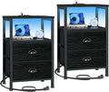 Furologee Nightstands Set of 2, End Tables with Charging Station and LED Lights, Black Night Stands with 2 Fabric Drawers, Bedside Tables Set of 2 for Living Room/Bedroom,Black Oak