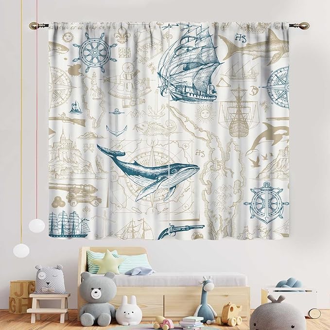 Vintage Nautical Curtains, Marine Coastal Sailboat Compass Anchor Ocean Beach Whale Old Pirate Map Decorative Drapes for Bedroom Living Room Kitchen Bathroom Window 2 Panels Set, 84"x63" Inch
