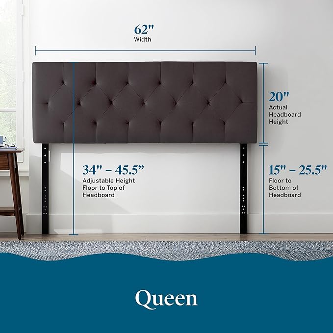 Lucid Mid-Rise Upholstered Headboard - Diamond Tufted - Padded Polyester - Adjustable Height from 34” to 46” - Easy Assembly - Bed Frame or Wall Mount - Sturdy - Charcoal - Queen Size