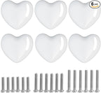 Ceramic Drawer Knobs Heart Shape Cabinet Dresser Pulls Handles with 3 Sized Screws, Kitchen Furniture Knobs for Closet Cupboard Wardrobe (6 Pack, White)