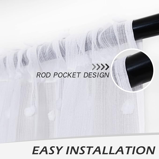 MYSKY HOME Kitchen Curtains 54 Inches Long Small Window Curtains for Bathroom Cafe Bedroom White Pom Pom Curtains for Nursery Boys Room Rod Pocket 2 Pieces Drapes 52 x 54 inch Length