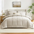 CozyLux King Size Comforter Set Oatmeal, 7 Pieces Bed in a Bag, Oatmeal Comforter King Size, All Season Bedding Sets with Stitch Quilted Comforter, Flat Sheet, Fitted Sheet, Pillowcases