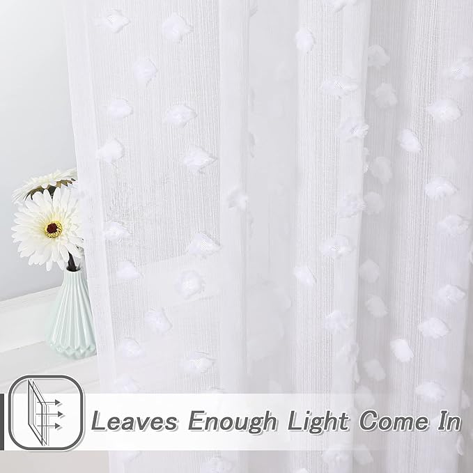 MYSKY HOME Pom Pom White Sheer Curtains for Bedroom Girls Room Curtains 72 Inches Long for Nursery Kids Light Filtering Boho Window Drapes, Rod Pocket, 38" Wide, 2 Panels