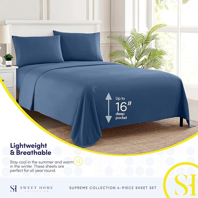 Full Size Sheet Sets - Breathable Luxury Sheets with Full Elastic & Secure Corner Straps Built In - 1800 Supreme Collection Extra Soft Deep Pocket Bedding Set, Sheet Set, Full, Denim