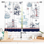 Nautical Curtains, Vintage Marine Coastal Sailboat Compass Anchor Ocean Beach Lighthouse Watercolor Blue Decorative Drapes for Bedroom Living Room Kitchen Bathroom Window 2 Panels, 55x39 Inch