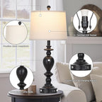 28" Black Farmhouse Table Lamps Set of 2 with USB C+A Ports & AC Outlet for Vintage Living Room Rustic Bedroom,3-Way Dimmable Touch Lamp Retro Resin Bedside Lamps for Nightstand Side Table