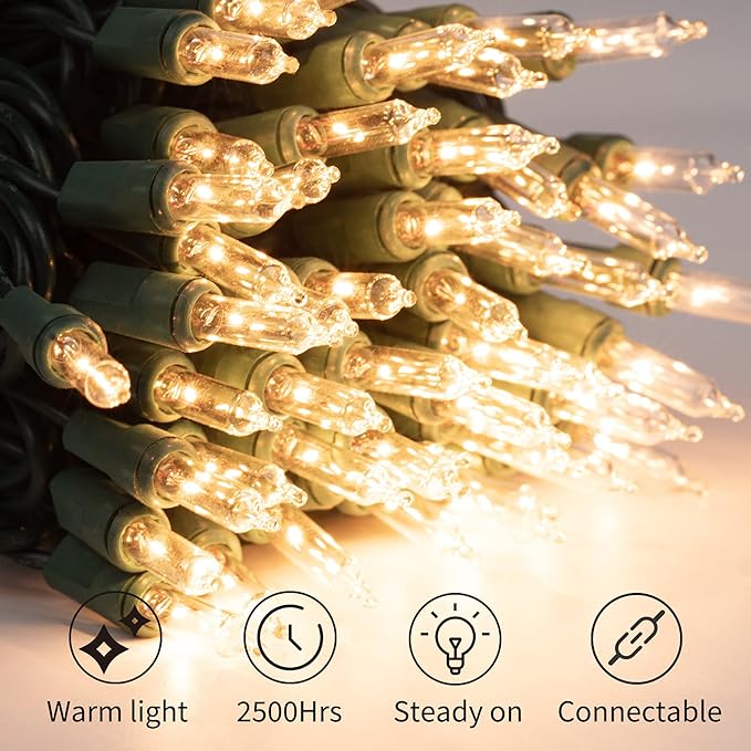 Clear Christmas Lights 200 Count 50 Feet Bulb Mini Lights, Waterproof String Light for Indoor Xmas Tree Garland Birthday Wedding Decoration, Green Wire