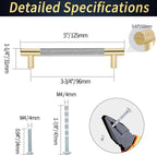 Knurled Cabinet Pulls 12 Pack, 5 Inch Long Cabinet Handles Metal Door Pulls, Kitchen Drawer Pull Knurled Dresser Handles - 3 3/4" Hole to Hole, Grey & Gold