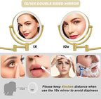 Rechargeable Wall Mounted Lighted Makeup Mirror with Magnification Gold, 8 Inch 1X/10X Magnifying Two Sided Led with Lights, 360 Swivel Extendable Shaving Mirror for Bathroom, Brushed Gold
