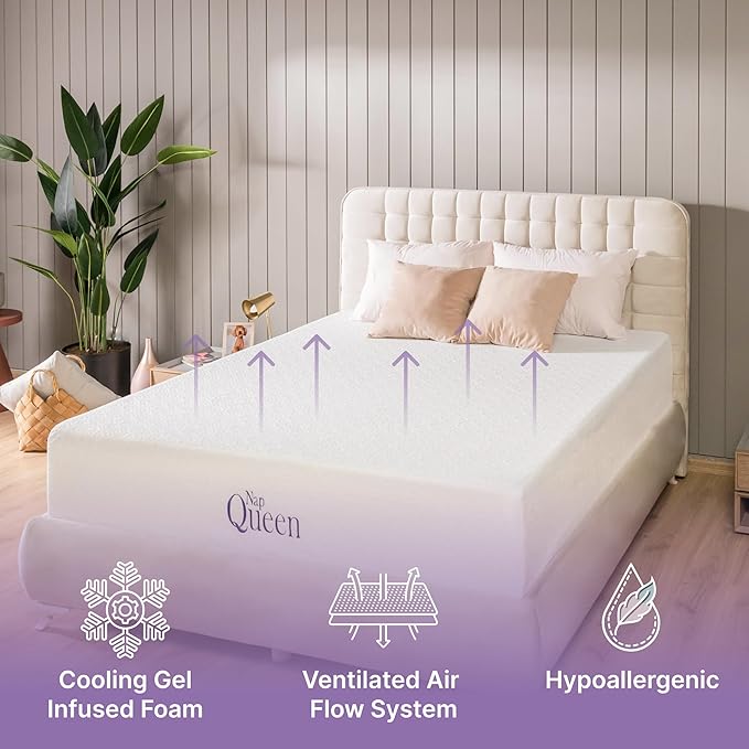 NapQueen 10 Inch Twin-XL Size Mattress, Cooling Gel Memory Foam Mattress, Bed in a Box White