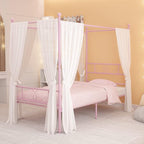 Weehom Twin Canopy Bed Frame with Headboard and Footboard, 4 Posters Metal Bed Frame, No Box Spring Needed, Mattress Foundation Platform Bed for Kids and Adults, Pink