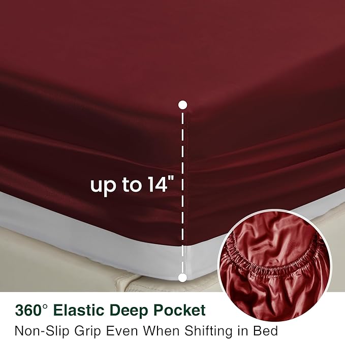Love's cabin Twin Satin Sheets Sets - 3 Piece Burgundy Silky Bed Sheets with Deep Pockets, Luxury Silk Feel Satin Twin Size Sheet Set Bedding Set (1 Flat Sheet,1 Fitted Sheet,1 Pillow case)